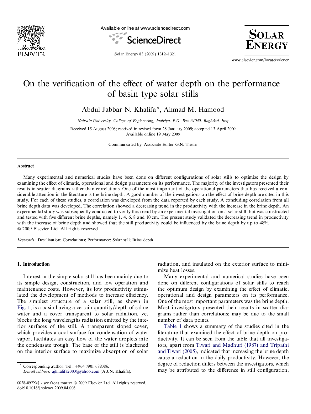 On the verification of the effect of water depth on the performance of basin type solar stills
