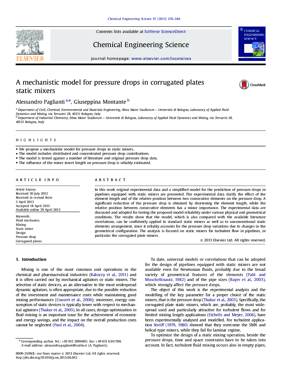 A mechanistic model for pressure drops in corrugated plates static mixers