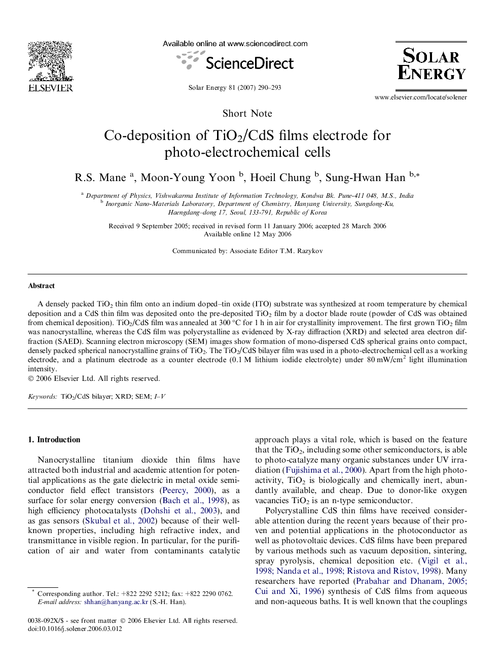 Co-deposition of TiO2/CdS films electrode for photo-electrochemical cells