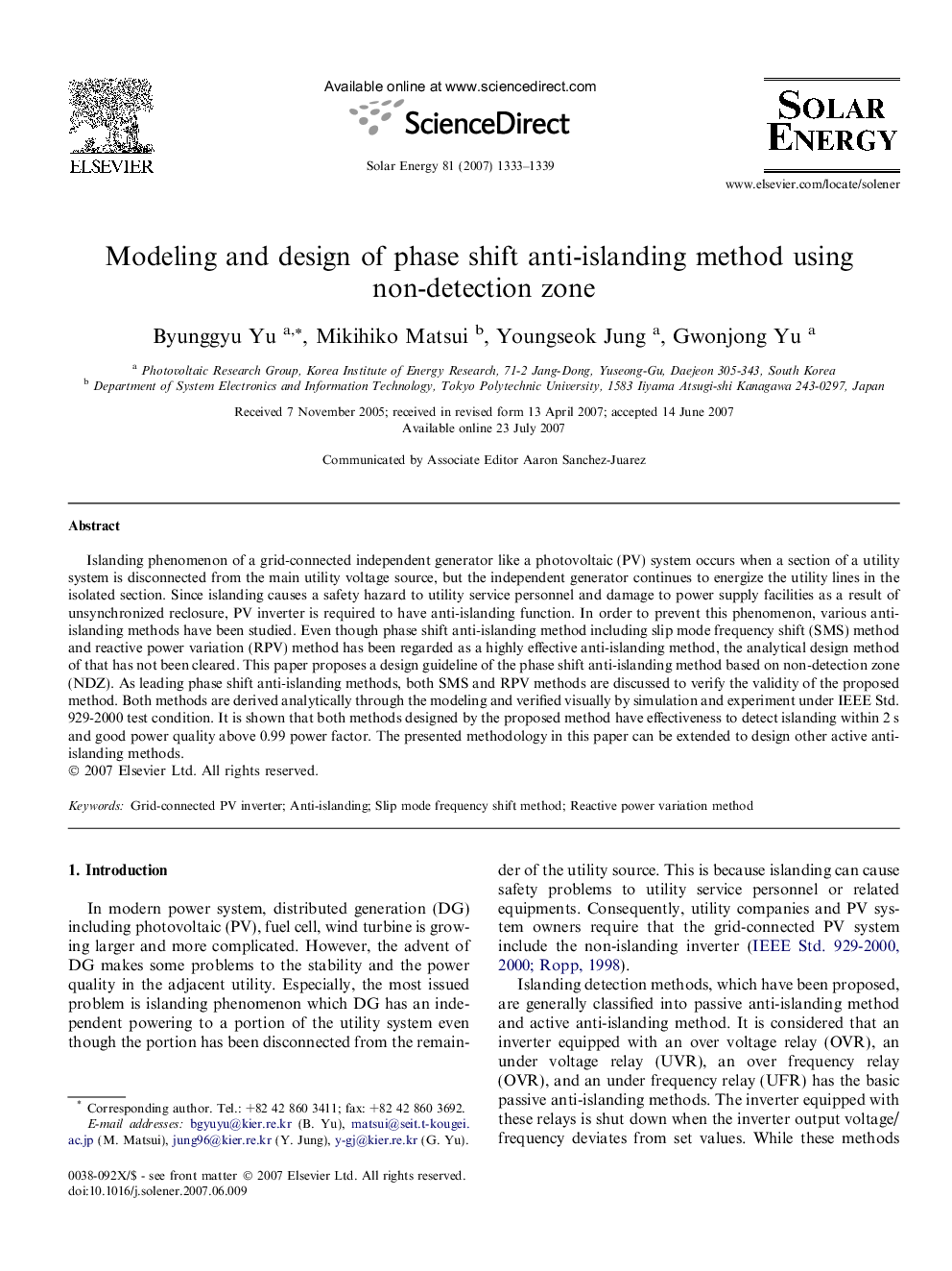 Modeling and design of phase shift anti-islanding method using non-detection zone