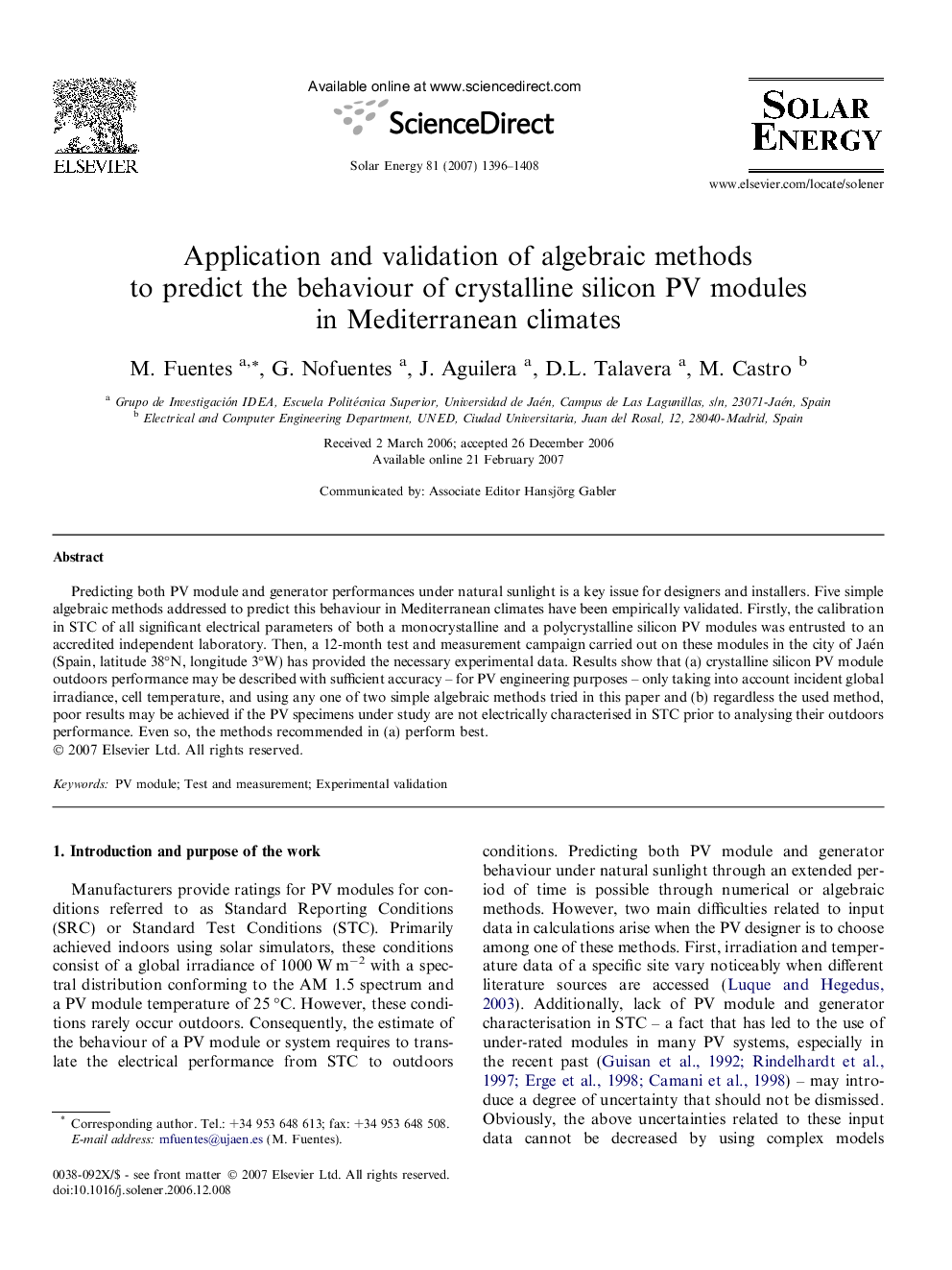 Application and validation of algebraic methods to predict the behaviour of crystalline silicon PV modules in Mediterranean climates