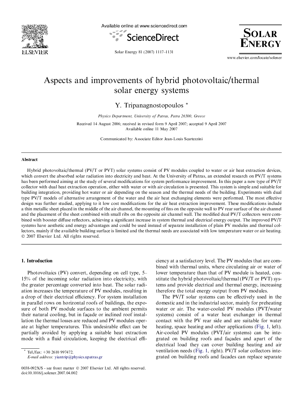 Aspects and improvements of hybrid photovoltaic/thermal solar energy systems