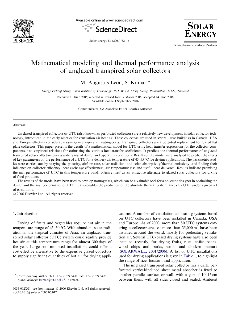 Mathematical modeling and thermal performance analysis of unglazed transpired solar collectors