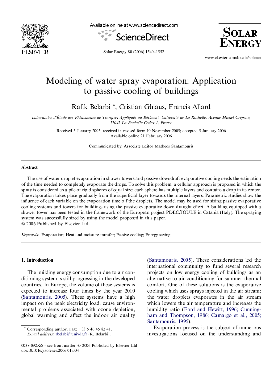 عکس صفحه اول مقاله: Modeling of water spray evaporation: Application to passive cooling of buildings Modeling of water spray evaporation: Application to passive cooling of buildings