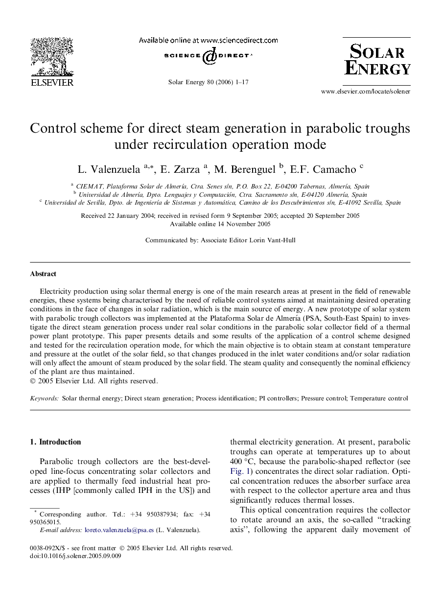 Control scheme for direct steam generation in parabolic troughs under recirculation operation mode