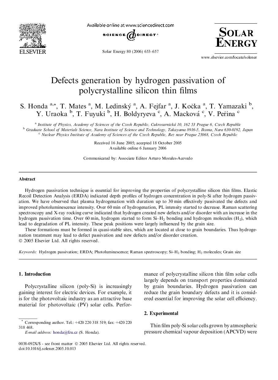 Defects generation by hydrogen passivation of polycrystalline silicon thin films