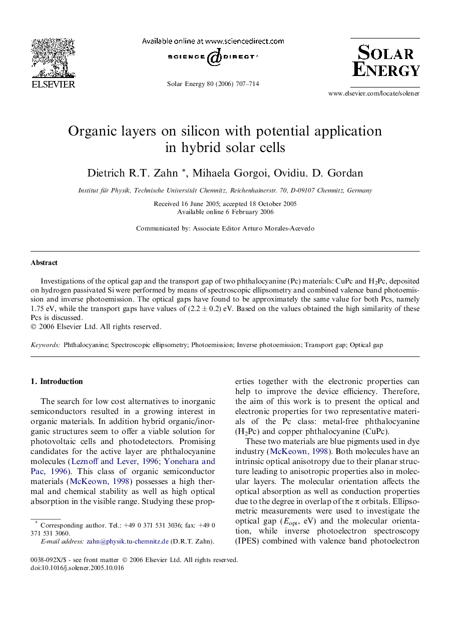 Organic layers on silicon with potential application in hybrid solar cells