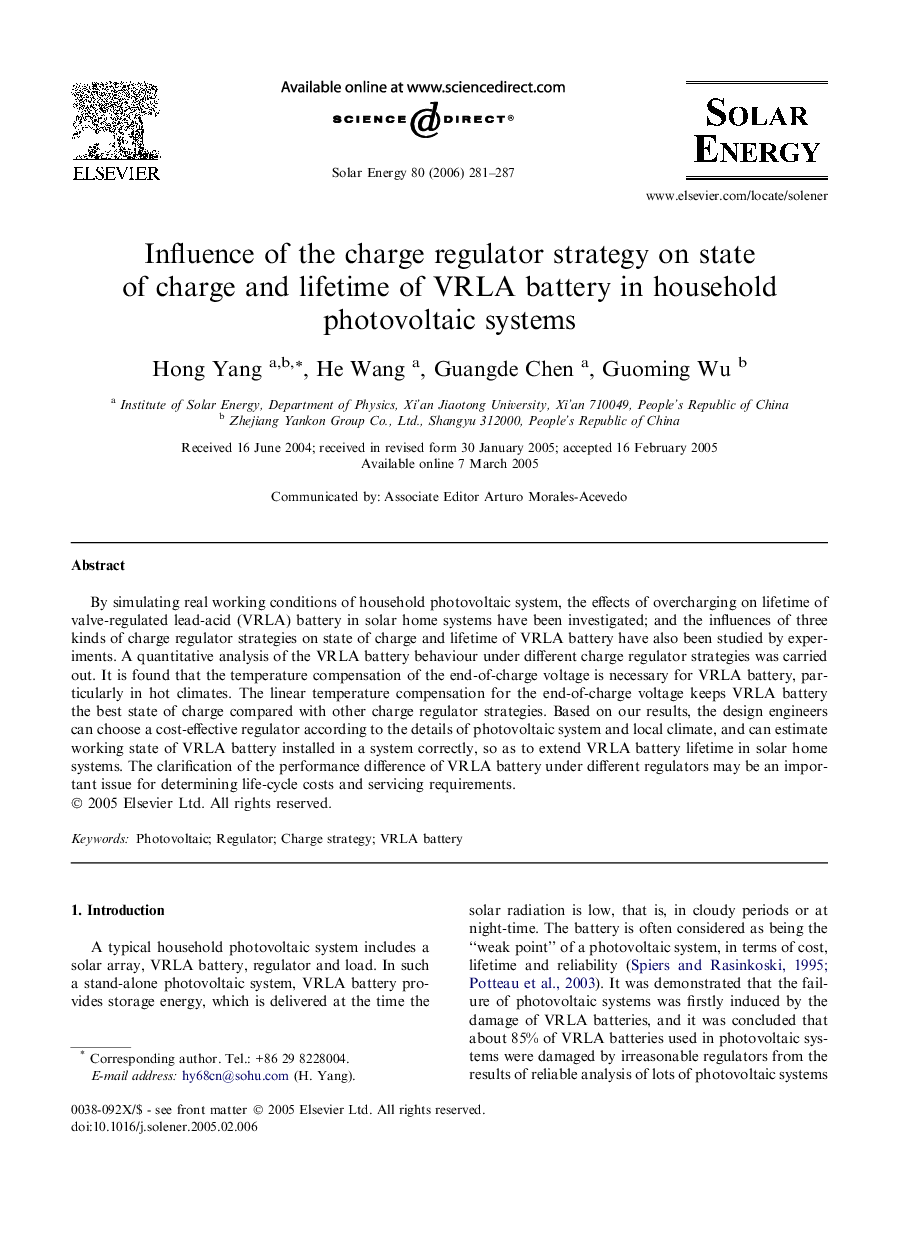 Influence of the charge regulator strategy on state of charge and lifetime of VRLA battery in household photovoltaic systems