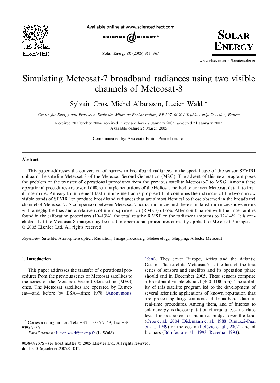 عکس صفحه اول مقاله: Simulating Meteosat-7 broadband radiances using two visible channels of Meteosat-8 Simulating Meteosat-7 broadband radiances using two visible channels of Meteosat-8