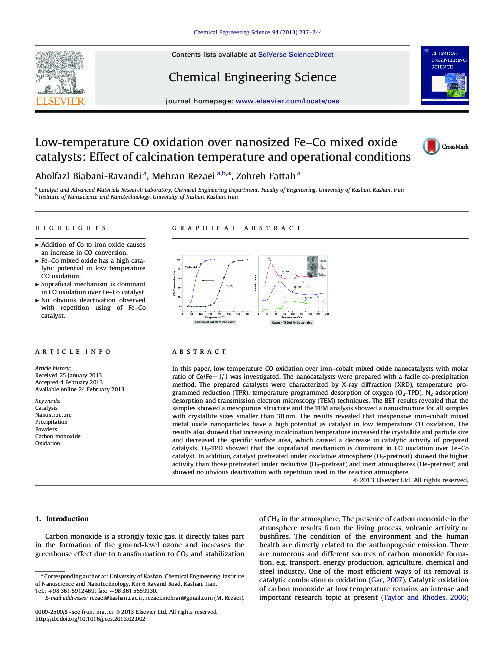 Low-temperature CO oxidation over nanosized Fe–Co mixed oxide catalysts: Effect of calcination temperature and operational conditions