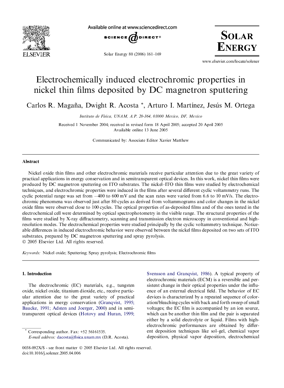 Electrochemically induced electrochromic properties in nickel thin films deposited by DC magnetron sputtering