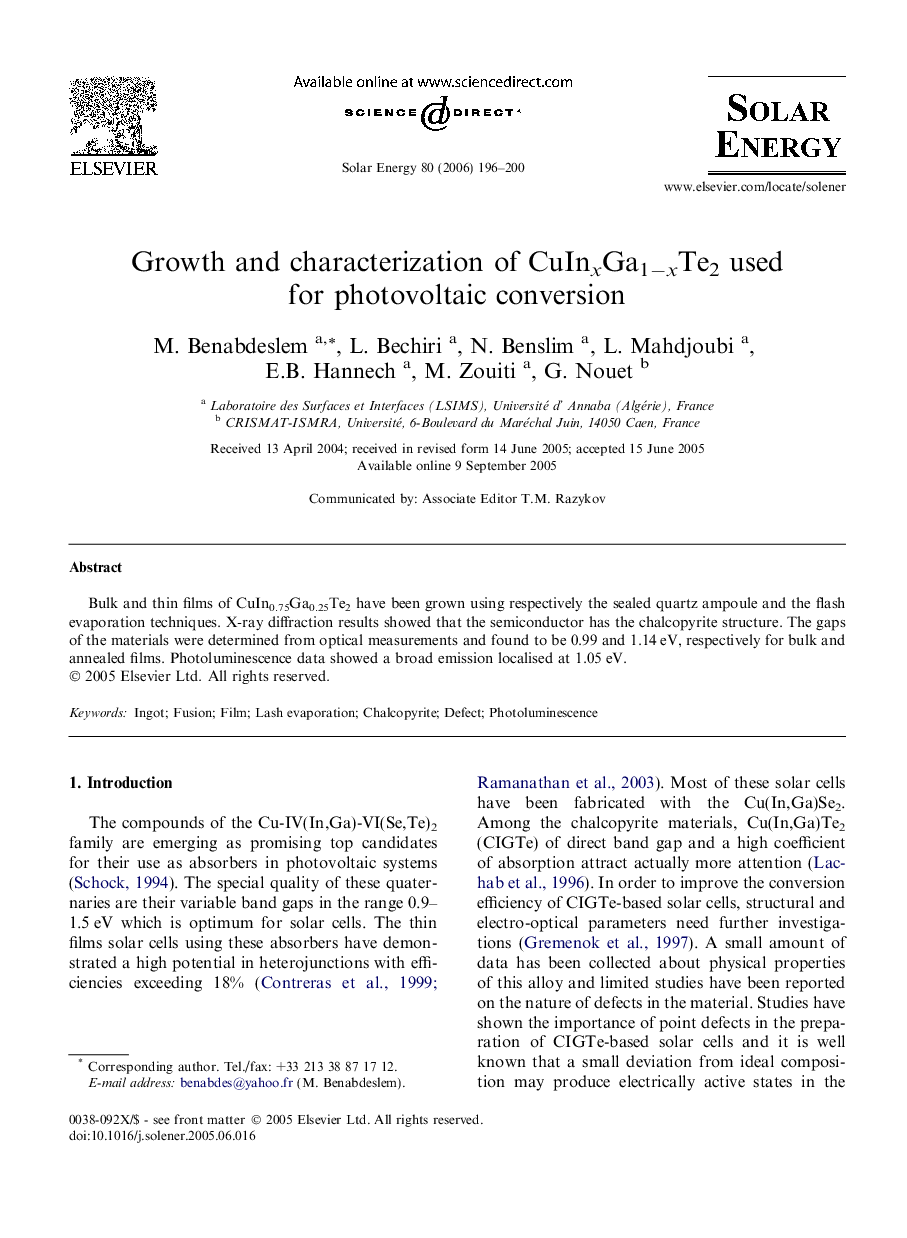 Growth and characterization of CuInxGa1âxTe2 used for photovoltaic conversion