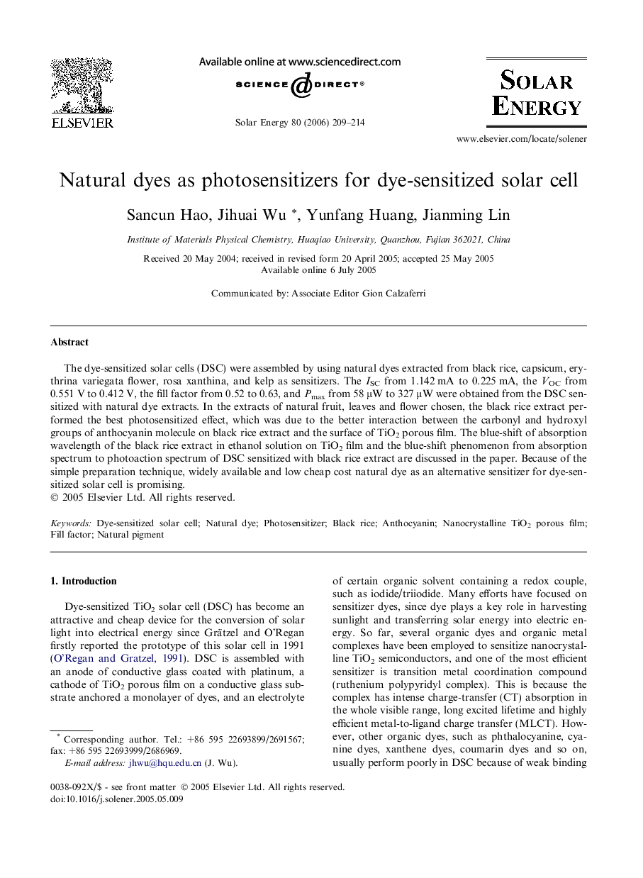 Natural dyes as photosensitizers for dye-sensitized solar cell