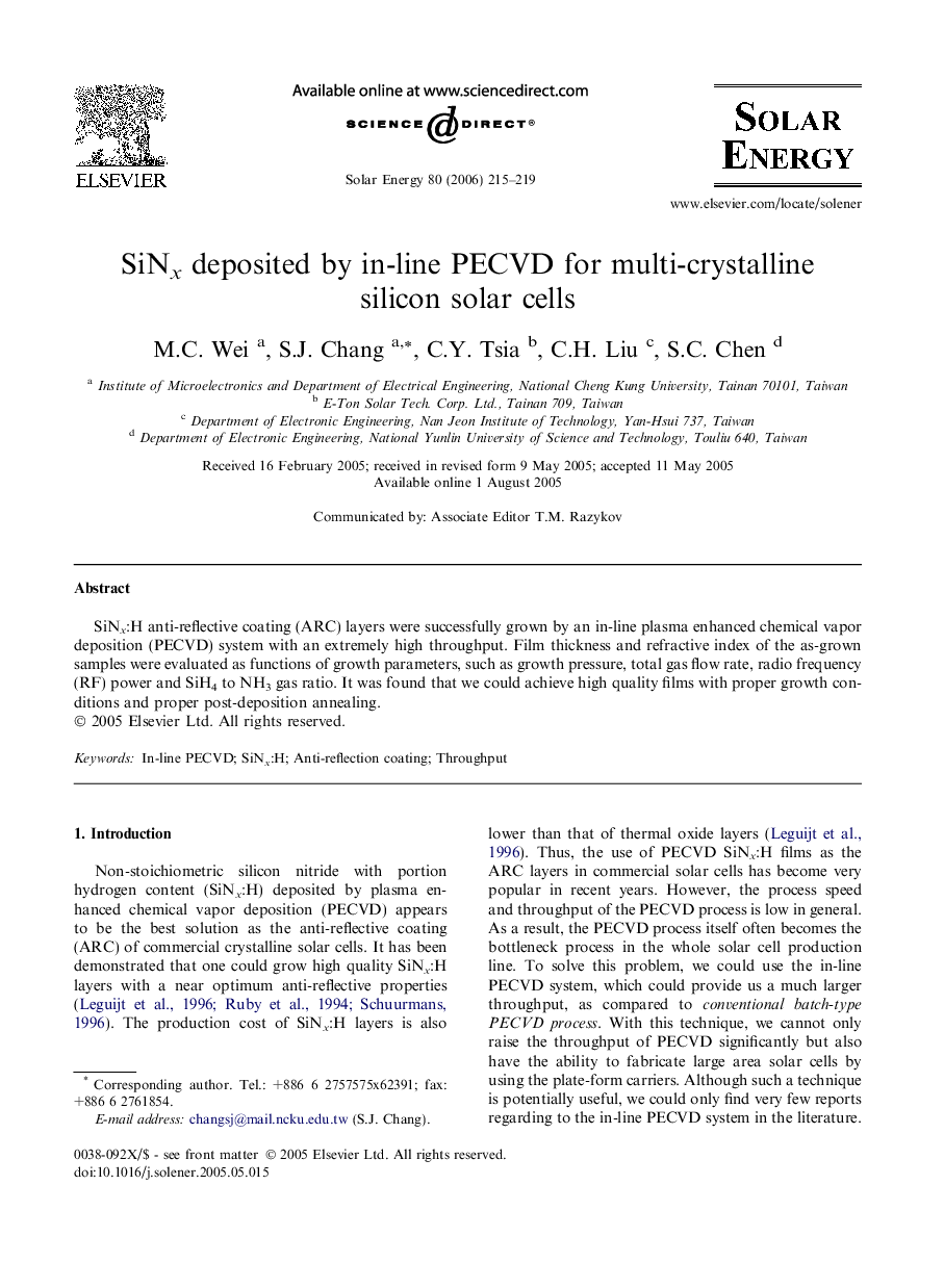 SiNx deposited by in-line PECVD for multi-crystalline silicon solar cells