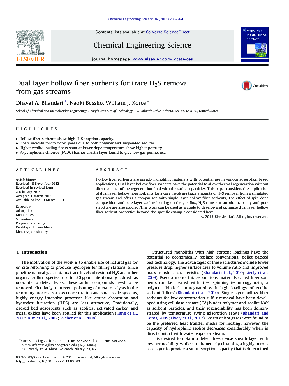 Dual layer hollow fiber sorbents for trace H2S removal from gas streams