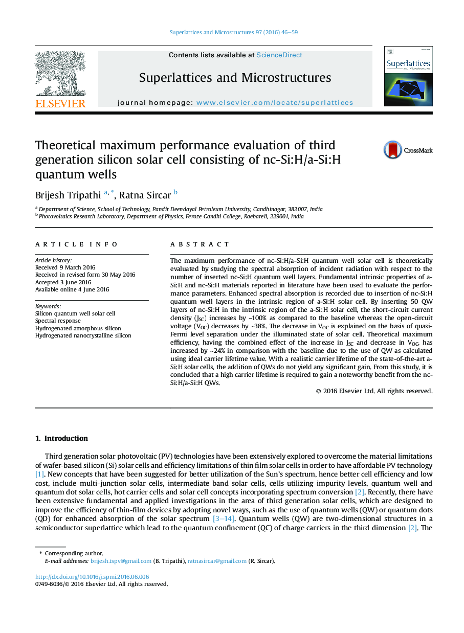 Theoretical maximum performance evaluation of third generation silicon solar cell consisting of nc-Si:H/a-Si:H quantum wells