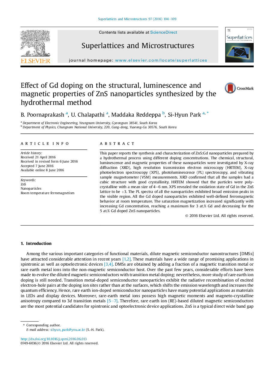 Effect of Gd doping on the structural, luminescence and magnetic properties of ZnS nanoparticles synthesized by the hydrothermal method