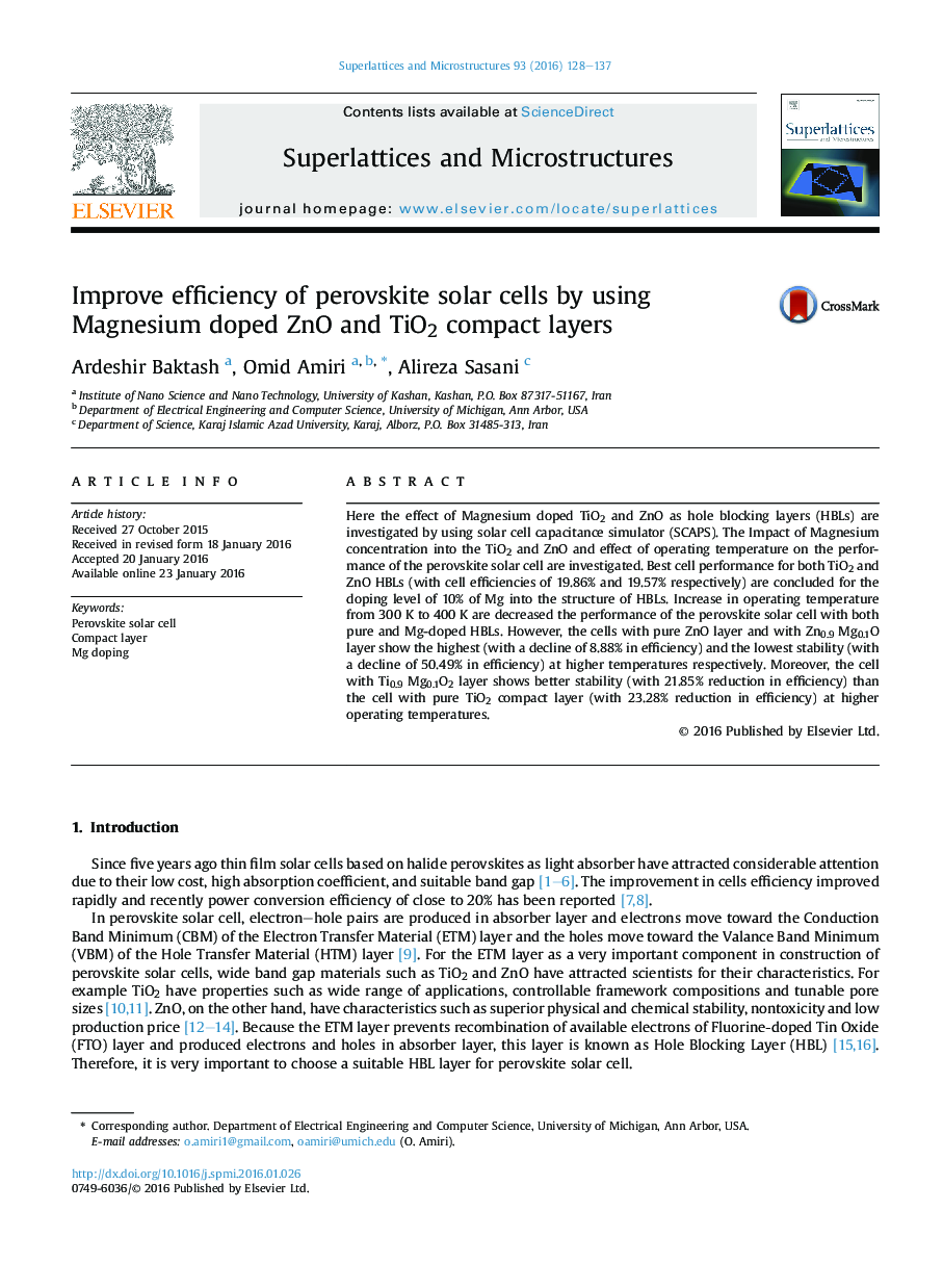 Improve efficiency of perovskite solar cells by using Magnesium doped ZnO and TiO2 compact layers