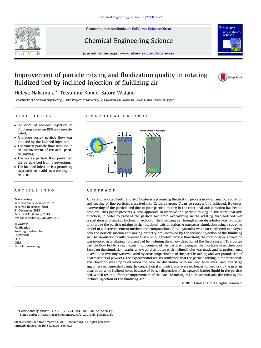 Improvement of particle mixing and fluidization quality in rotating fluidized bed by inclined injection of fluidizing air