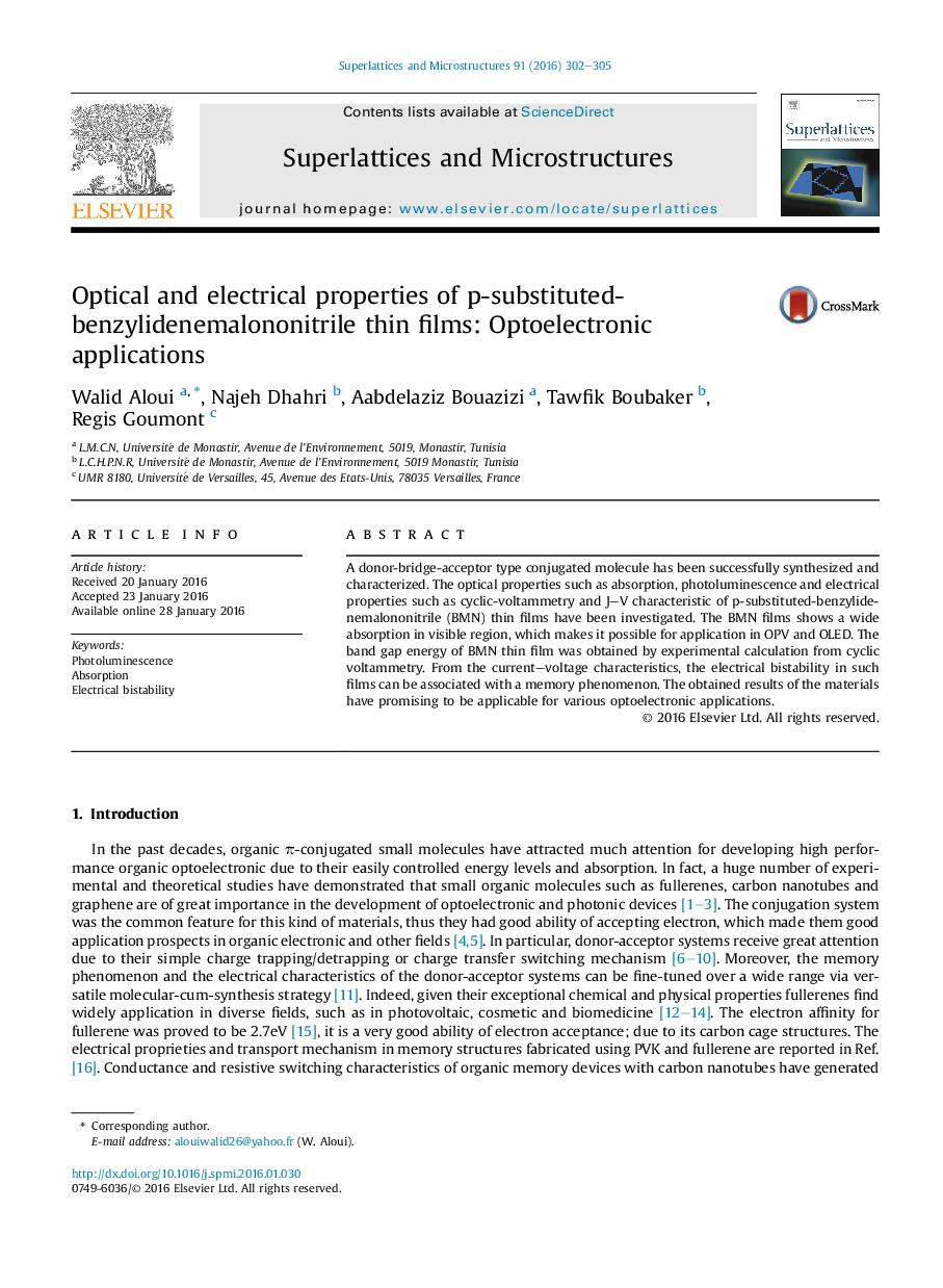 خواص نوری و الکتریکی فیلمهای نازک p-substituted benzylidenemalononitrile: اپتوالکترونیک