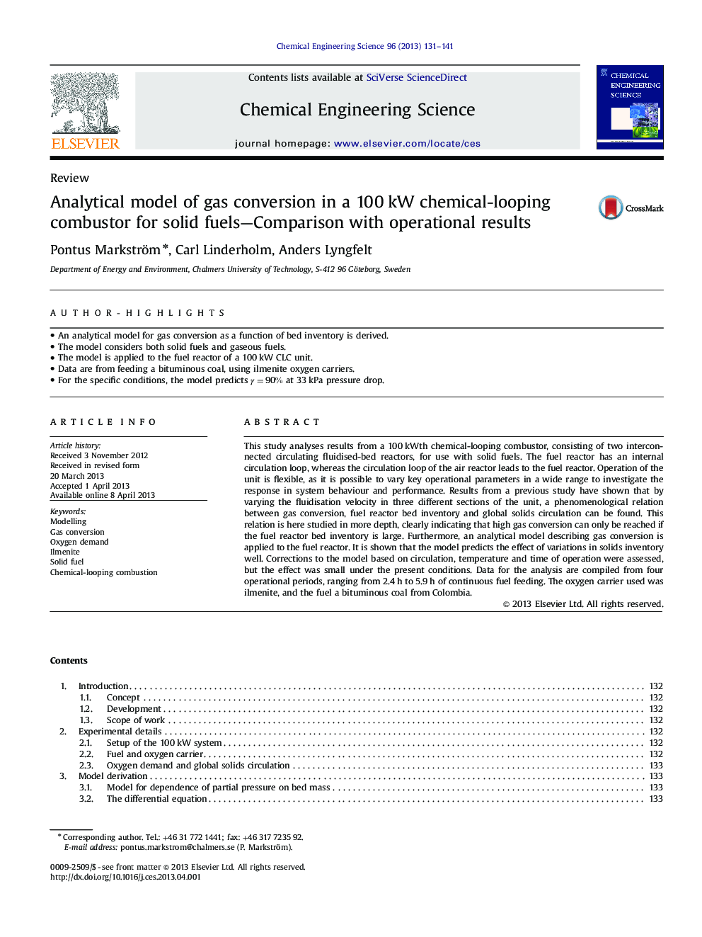 عکس صفحه اول مقاله: Analytical model of gas conversion in a 100 kW chemical-looping combustor for solid fuels—Comparison with operational results Analytical model of gas conversion in a 100 kW chemical-looping combustor for solid fuels—Comparison with operational results