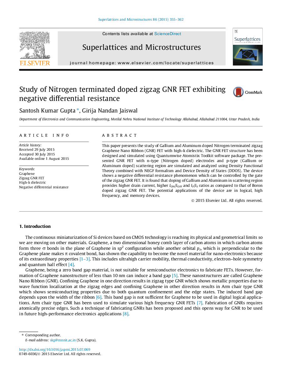 Study of Nitrogen terminated doped zigzag GNR FET exhibiting negative differential resistance