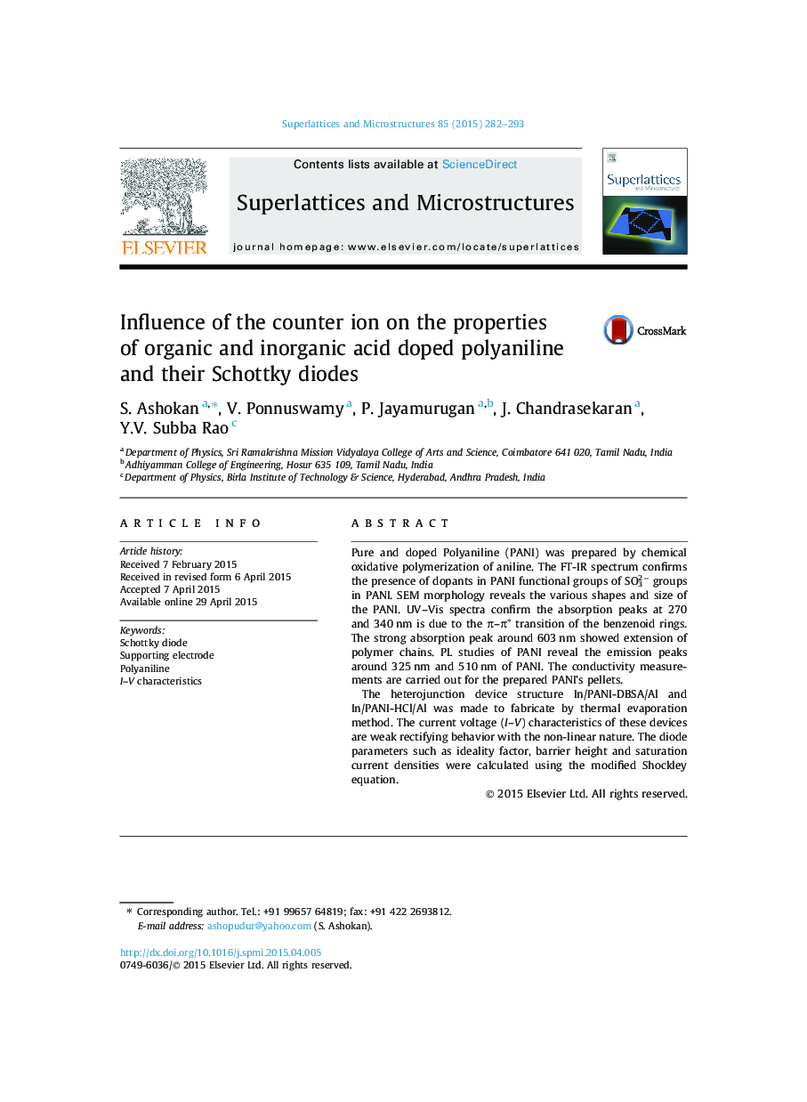 Influence of the counter ion on the properties of organic and inorganic acid doped polyaniline and their Schottky diodes