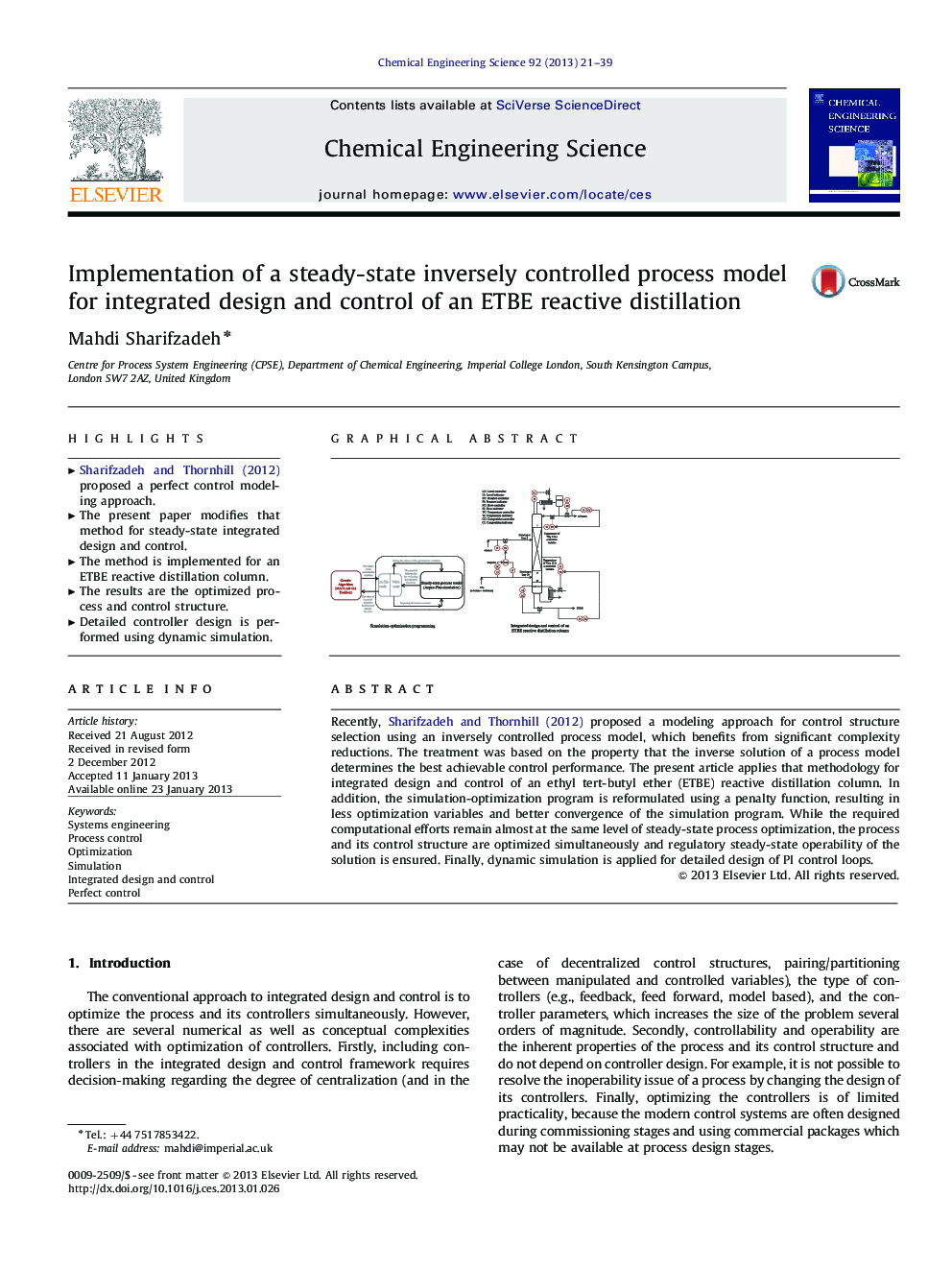 Implementation of a steady-state inversely controlled process model for integrated design and control of an ETBE reactive distillation