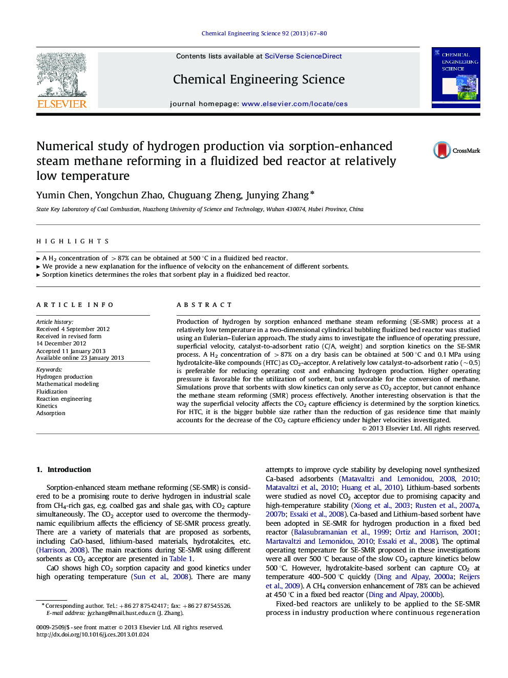 Numerical study of hydrogen production via sorption-enhanced steam methane reforming in a fluidized bed reactor at relatively low temperature