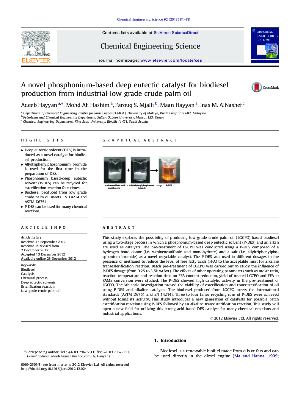 A novel phosphonium-based deep eutectic catalyst for biodiesel production from industrial low grade crude palm oil