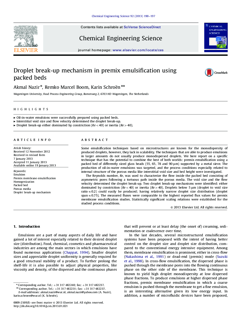 Droplet break-up mechanism in premix emulsification using packed beds