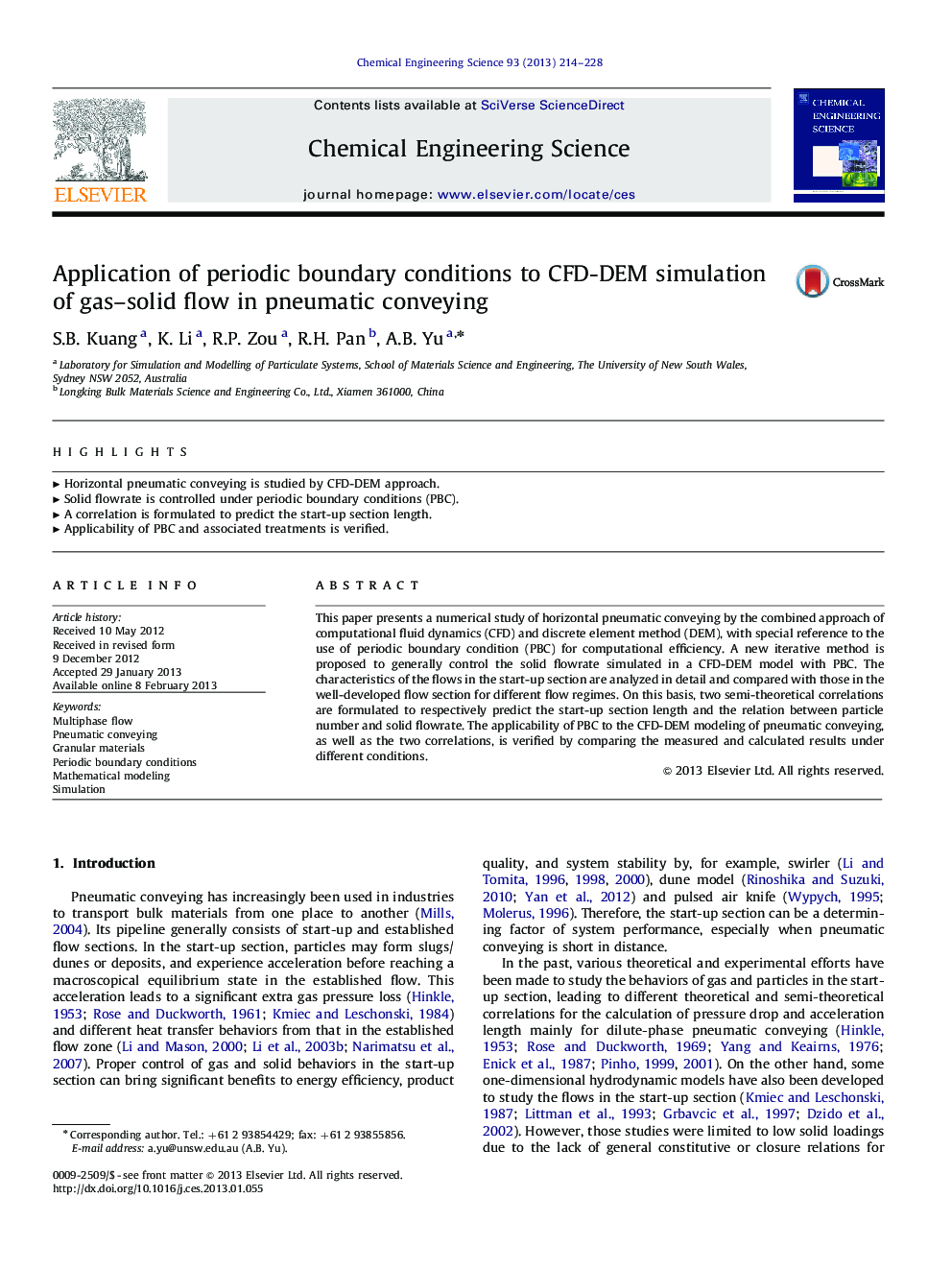 Application of periodic boundary conditions to CFD-DEM simulation of gas–solid flow in pneumatic conveying