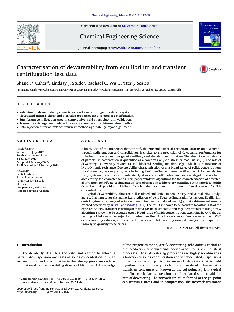 Characterisation of dewaterability from equilibrium and transient centrifugation test data
