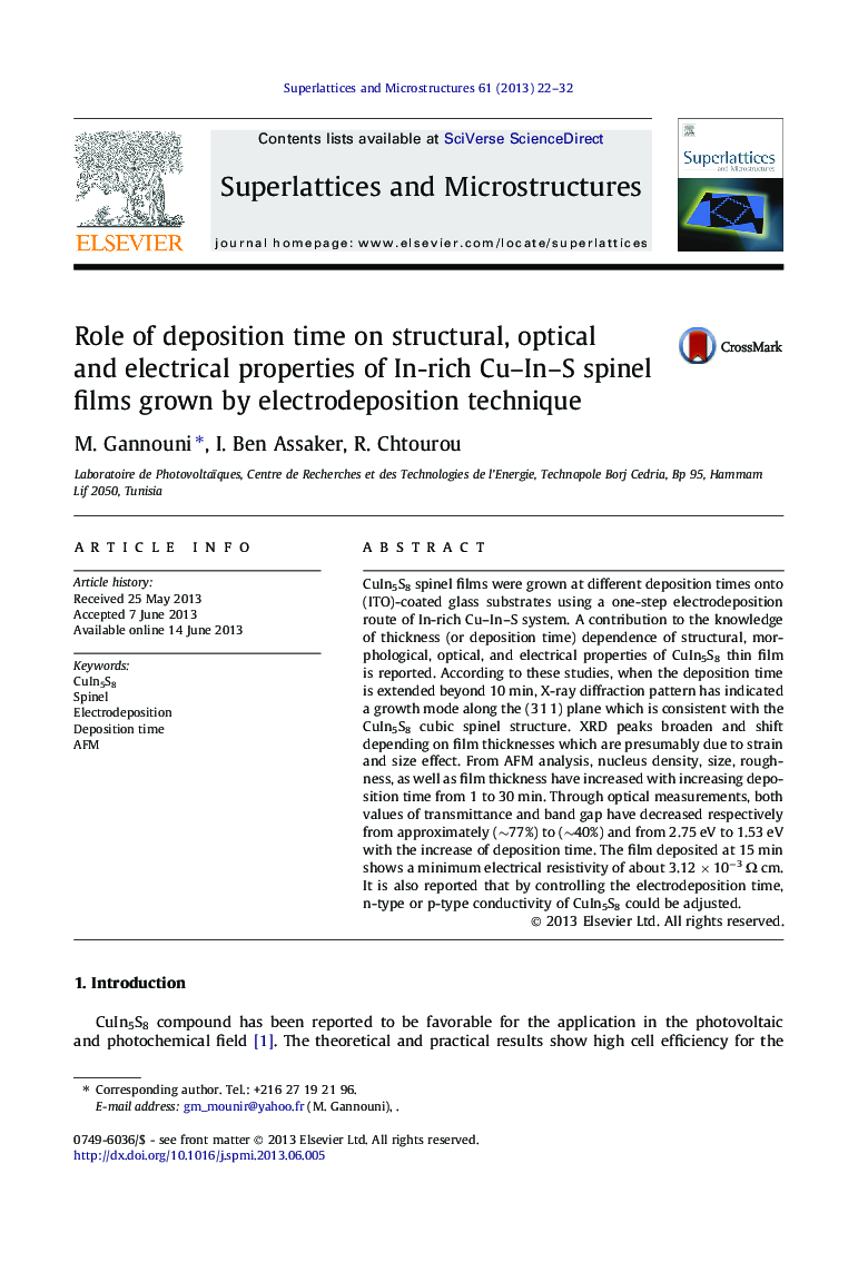 Role of deposition time on structural, optical and electrical properties of In-rich Cu–In–S spinel films grown by electrodeposition technique