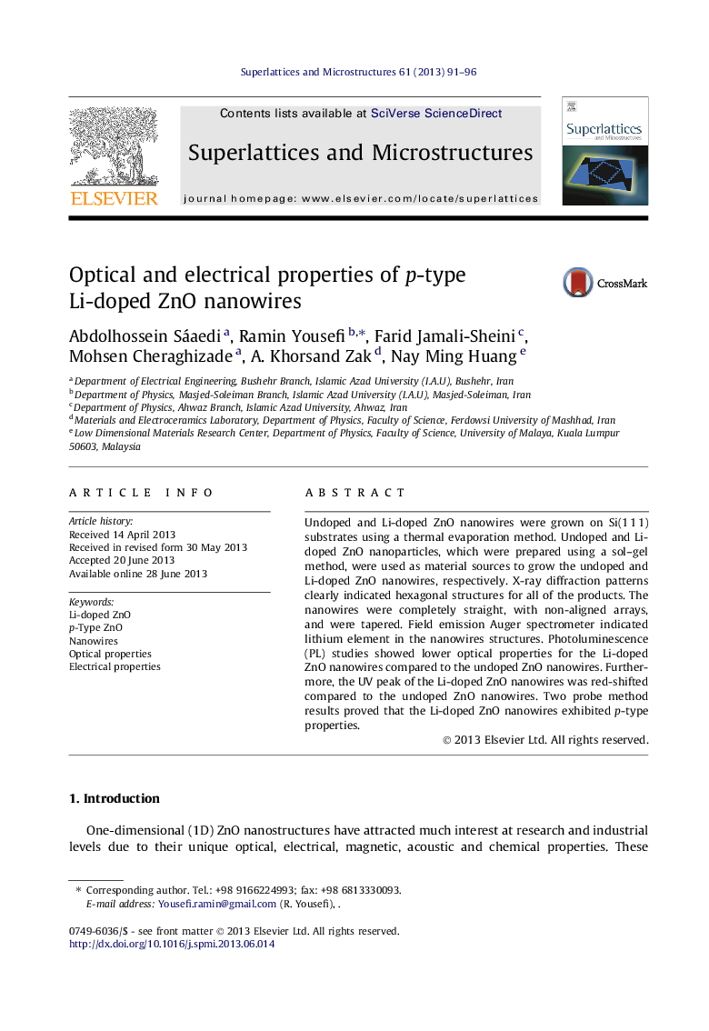 عکس صفحه اول مقاله: Optical and electrical properties of p-type Li-doped ZnO nanowires Optical and electrical properties of p-type Li-doped ZnO nanowires