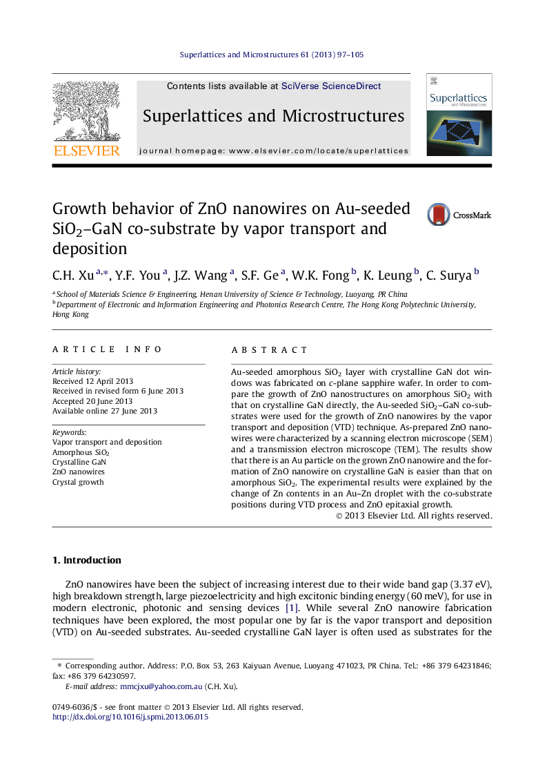 Growth behavior of ZnO nanowires on Au-seeded SiO2-GaN co-substrate by vapor transport and deposition