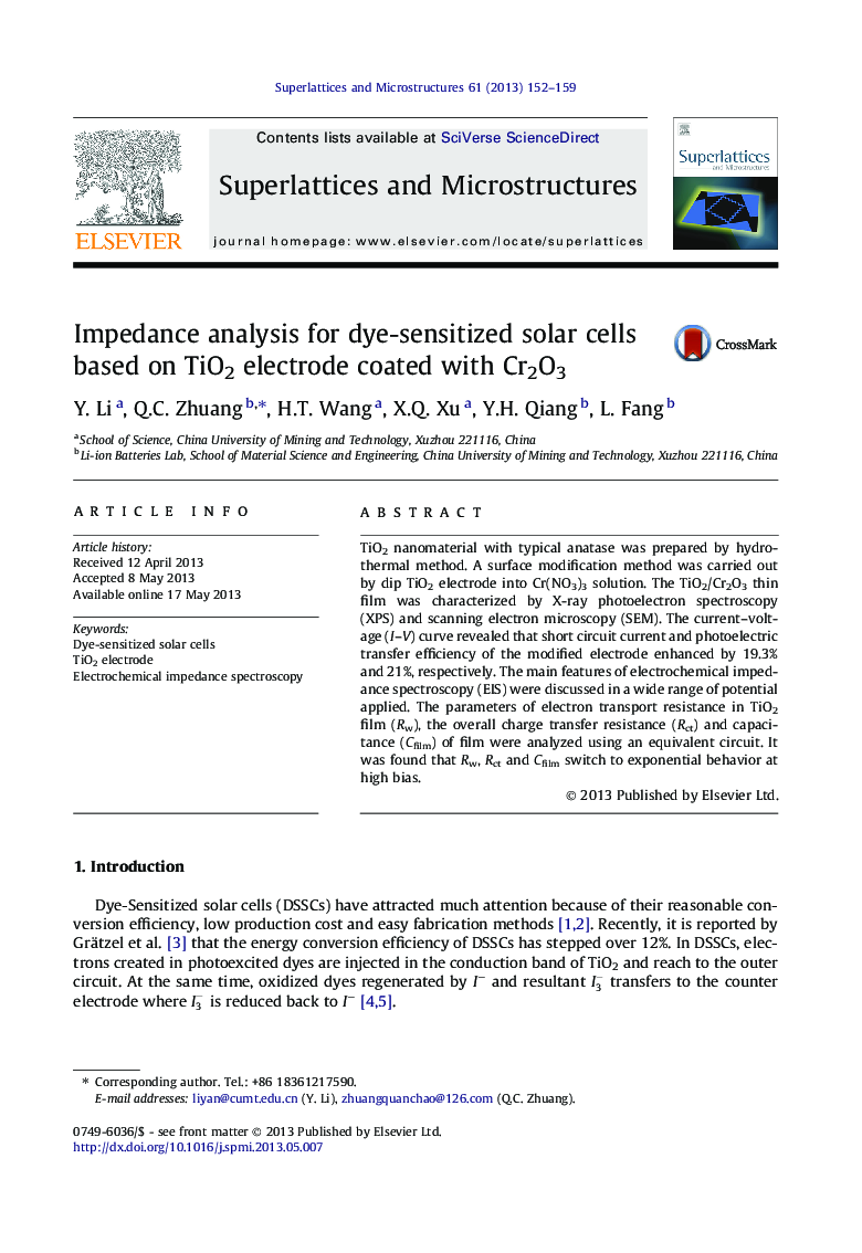 Impedance analysis for dye-sensitized solar cells based on TiO2 electrode coated with Cr2O3