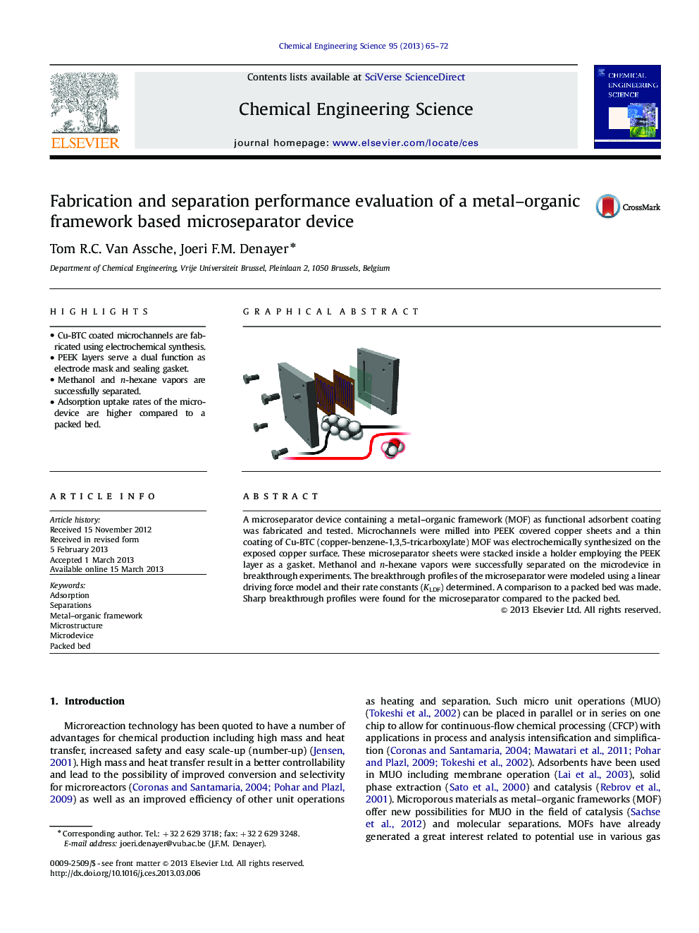 Fabrication and separation performance evaluation of a metal–organic framework based microseparator device