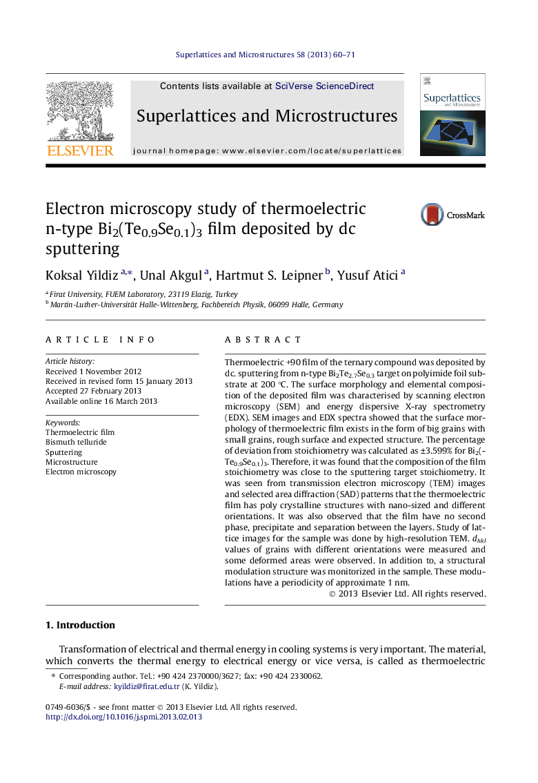 Electron microscopy study of thermoelectric n-type Bi2(Te0.9Se0.1)3 film deposited by dc sputtering