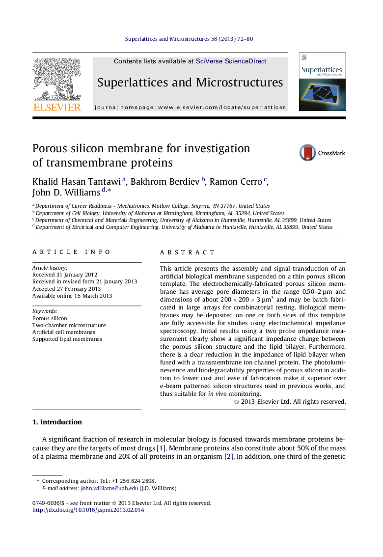 Porous silicon membrane for investigation of transmembrane proteins