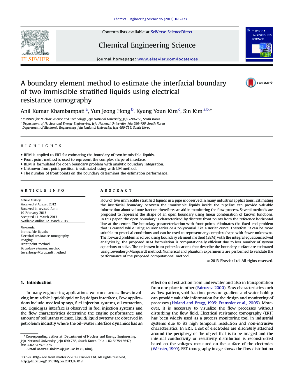 A boundary element method to estimate the interfacial boundary of two immiscible stratified liquids using electrical resistance tomography