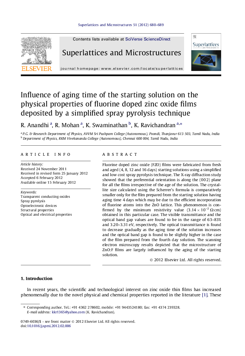 Influence of aging time of the starting solution on the physical properties of fluorine doped zinc oxide films deposited by a simplified spray pyrolysis technique