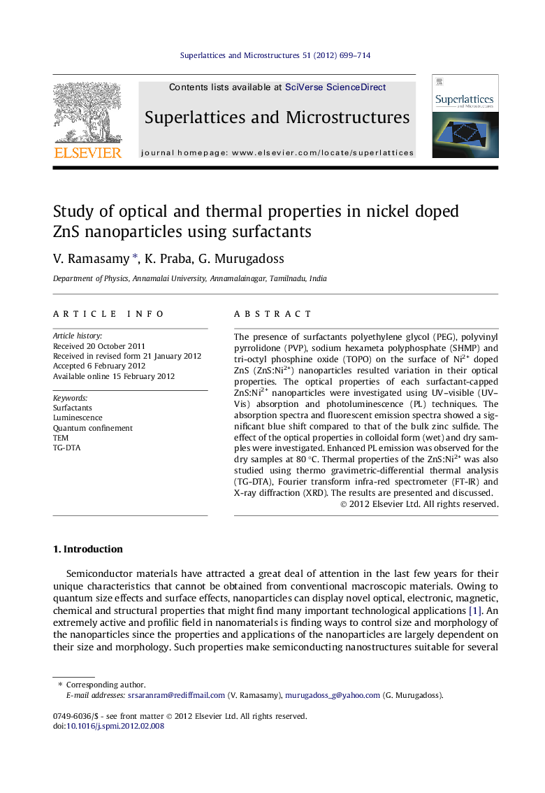 Study of optical and thermal properties in nickel doped ZnS nanoparticles using surfactants