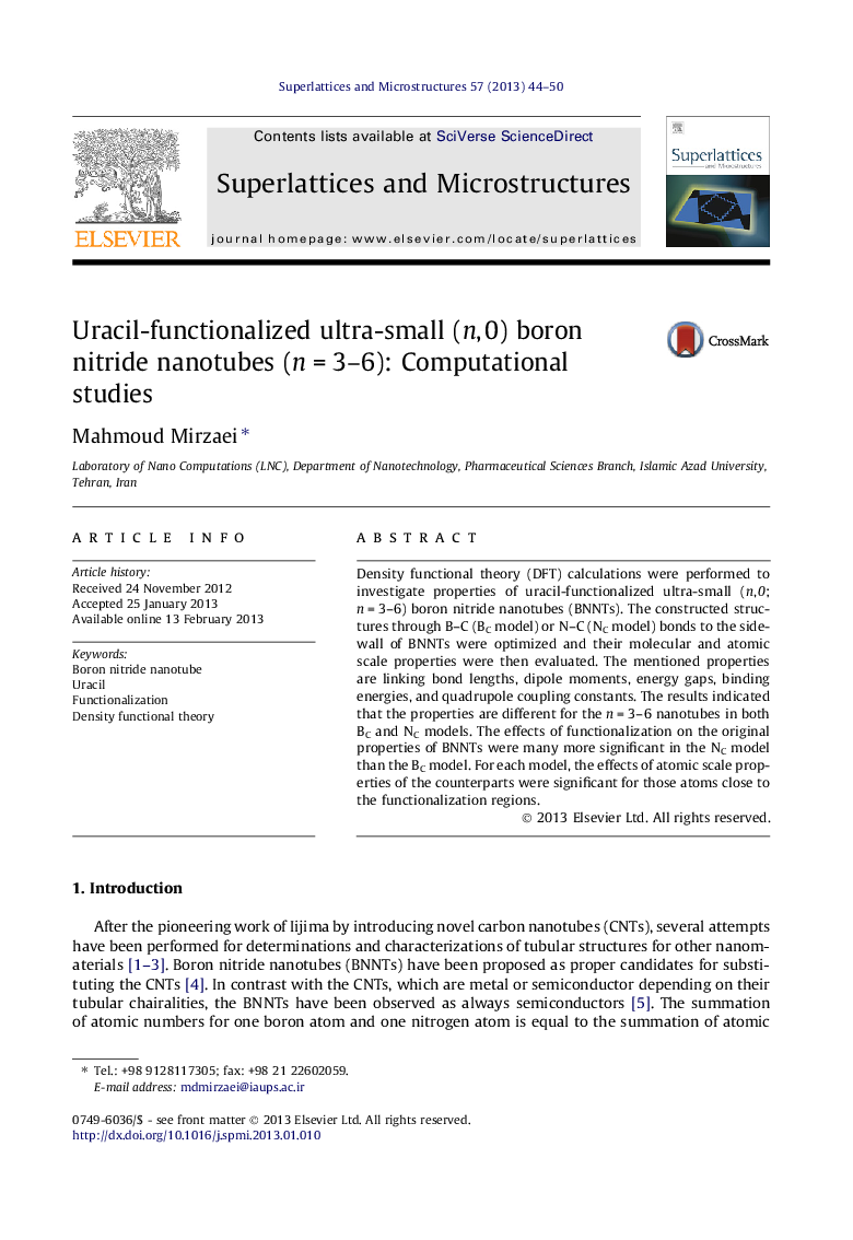 Uracil-functionalized ultra-small (n, 0) boron nitride nanotubes (n = 3–6): Computational studies