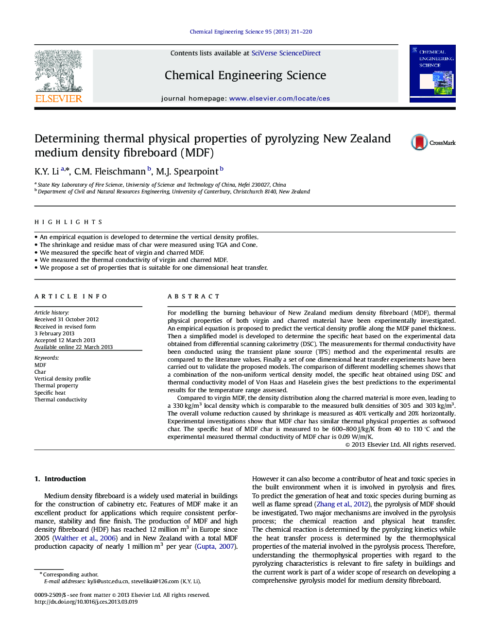 Determining thermal physical properties of pyrolyzing New Zealand medium density fibreboard (MDF)