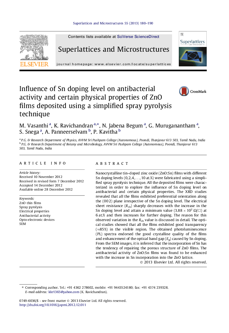 Influence of Sn doping level on antibacterial activity and certain physical properties of ZnO films deposited using a simplified spray pyrolysis technique