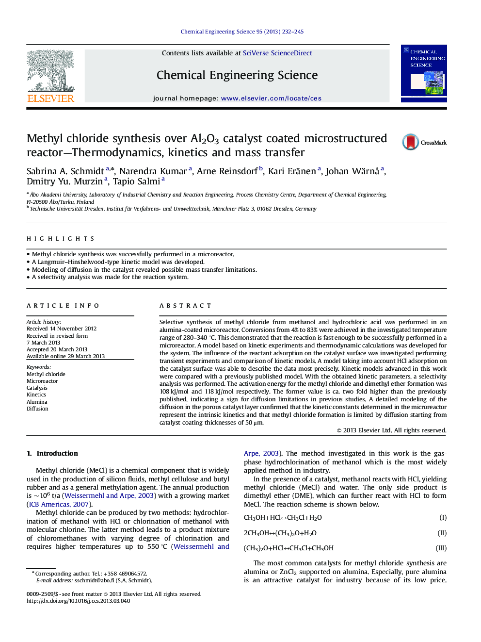 Methyl chloride synthesis over Al2O3 catalyst coated microstructured reactor—Thermodynamics, kinetics and mass transfer