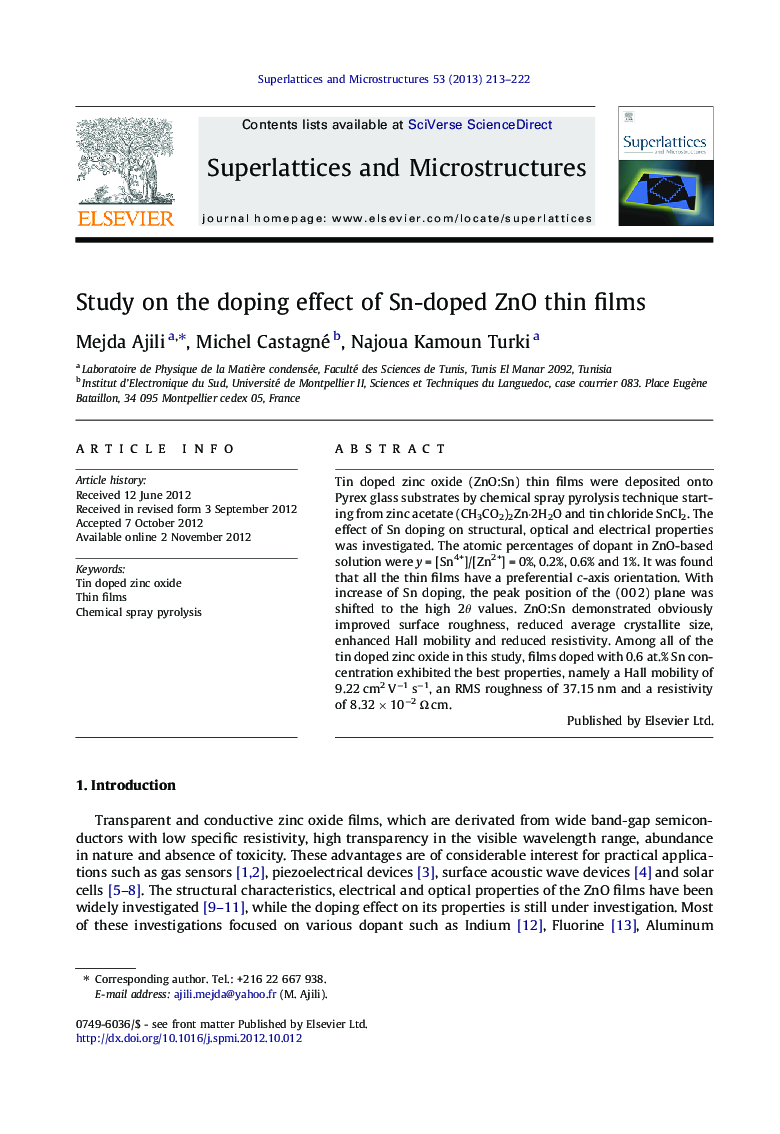 Study on the doping effect of Sn-doped ZnO thin films