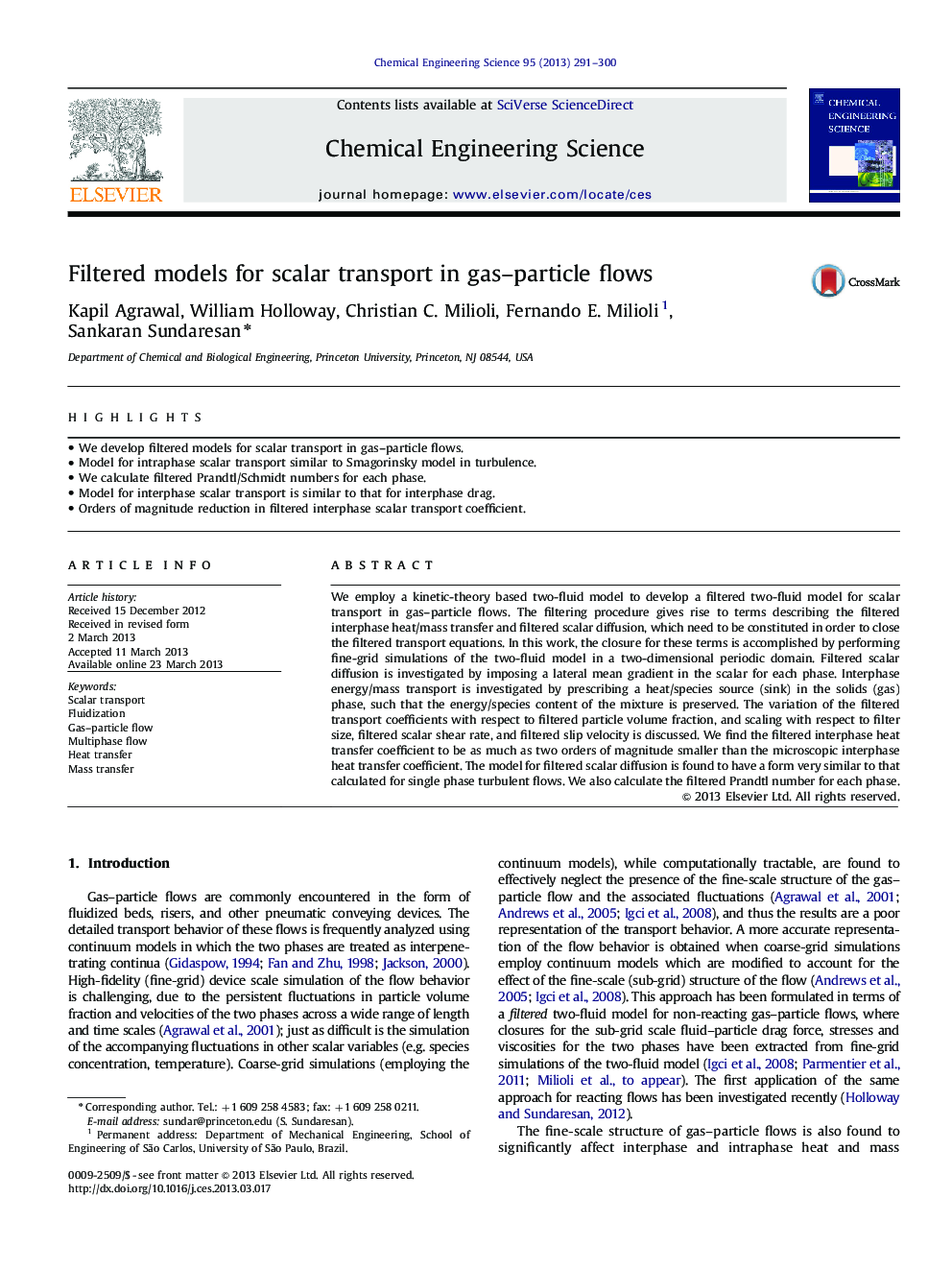 Filtered models for scalar transport in gas–particle flows