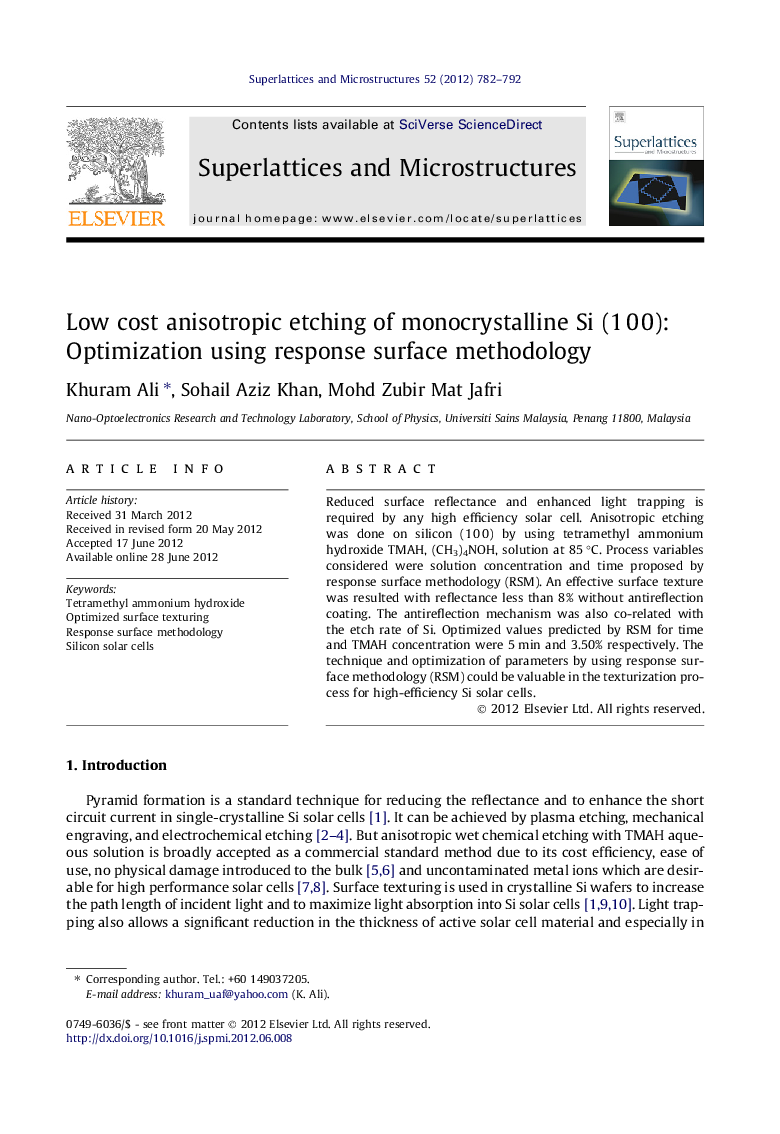 Low cost anisotropic etching of monocrystalline Si (1 0 0): Optimization using response surface methodology